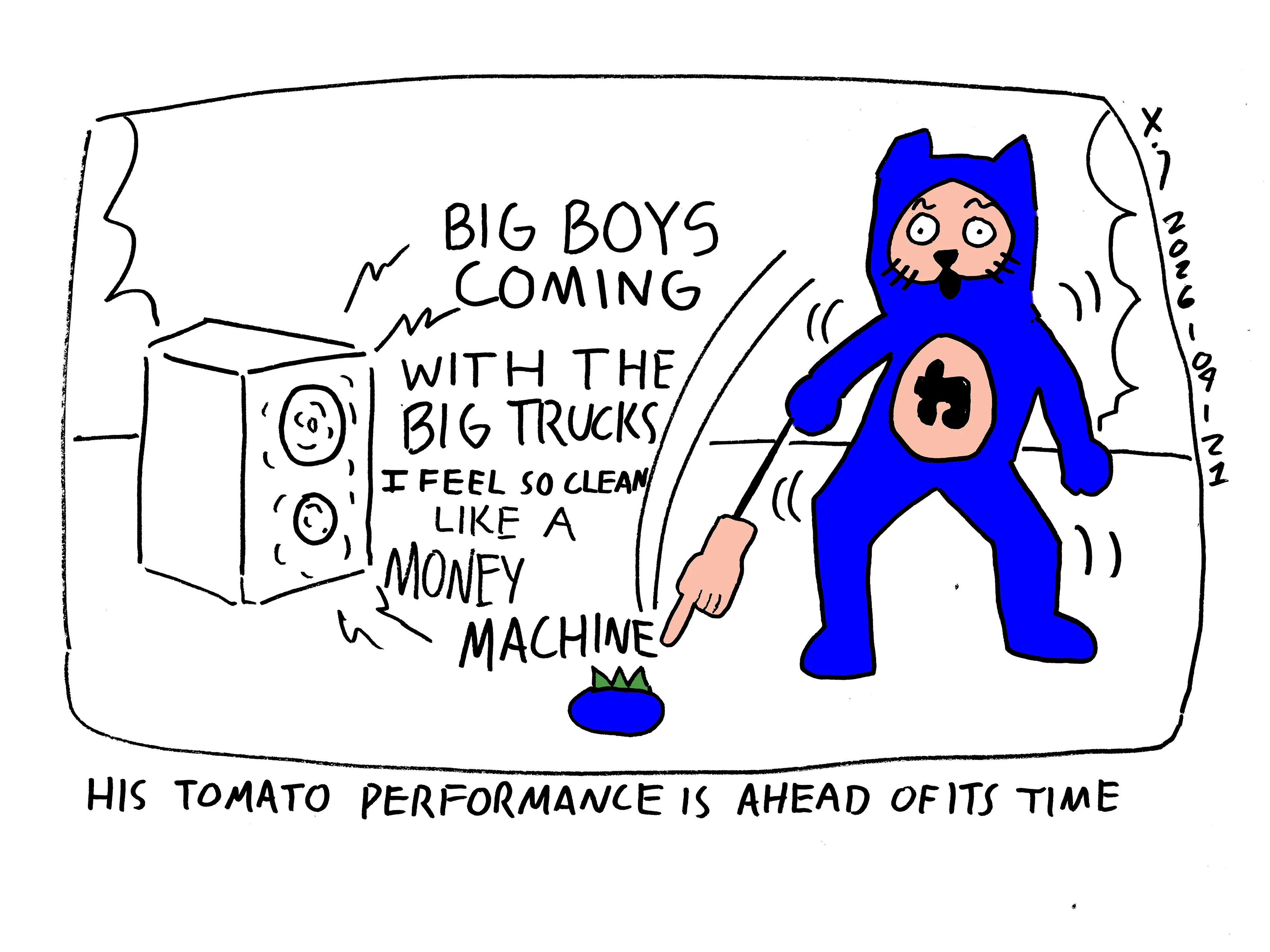 Evil Power Cat is crouching up and down while pointing at a blueberry with a pointing hand on a stick he's holding. Money machine by 100 gecs is blasting from the stage speakers. Caption says his blueberry performance is ahead of its time. 