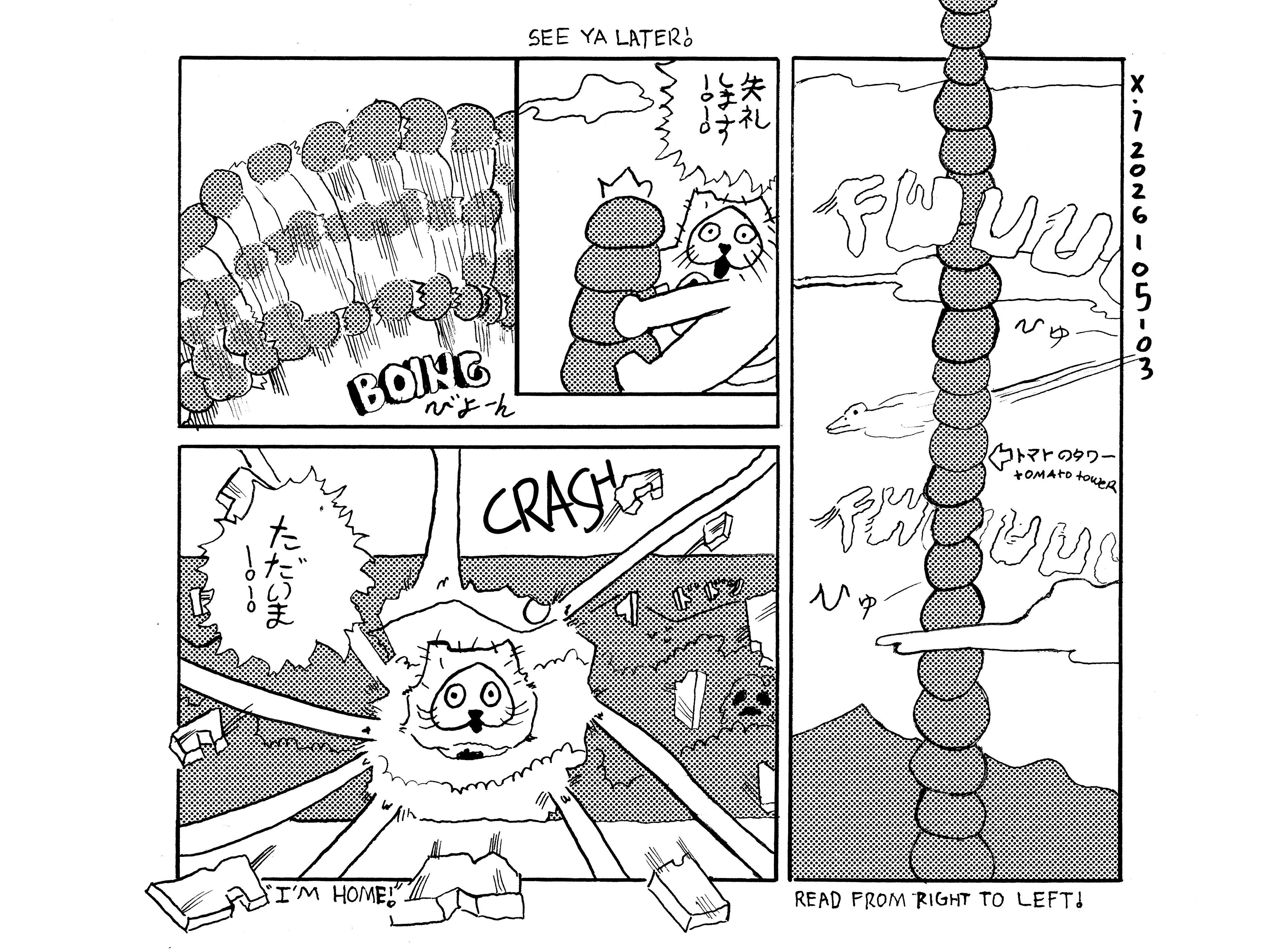 Across several panels the camera is following a blueberry tower that's stacked high above the mountains and clouds. It's revealed that Evil Power Cat is at the top of the tower holding on to it with all fours. He shouts see ya later! The blueberry tower bends backwards towards the ground and shoots off. Evil Power Cat comes crashing through the window of his house and shouts I'm home!   