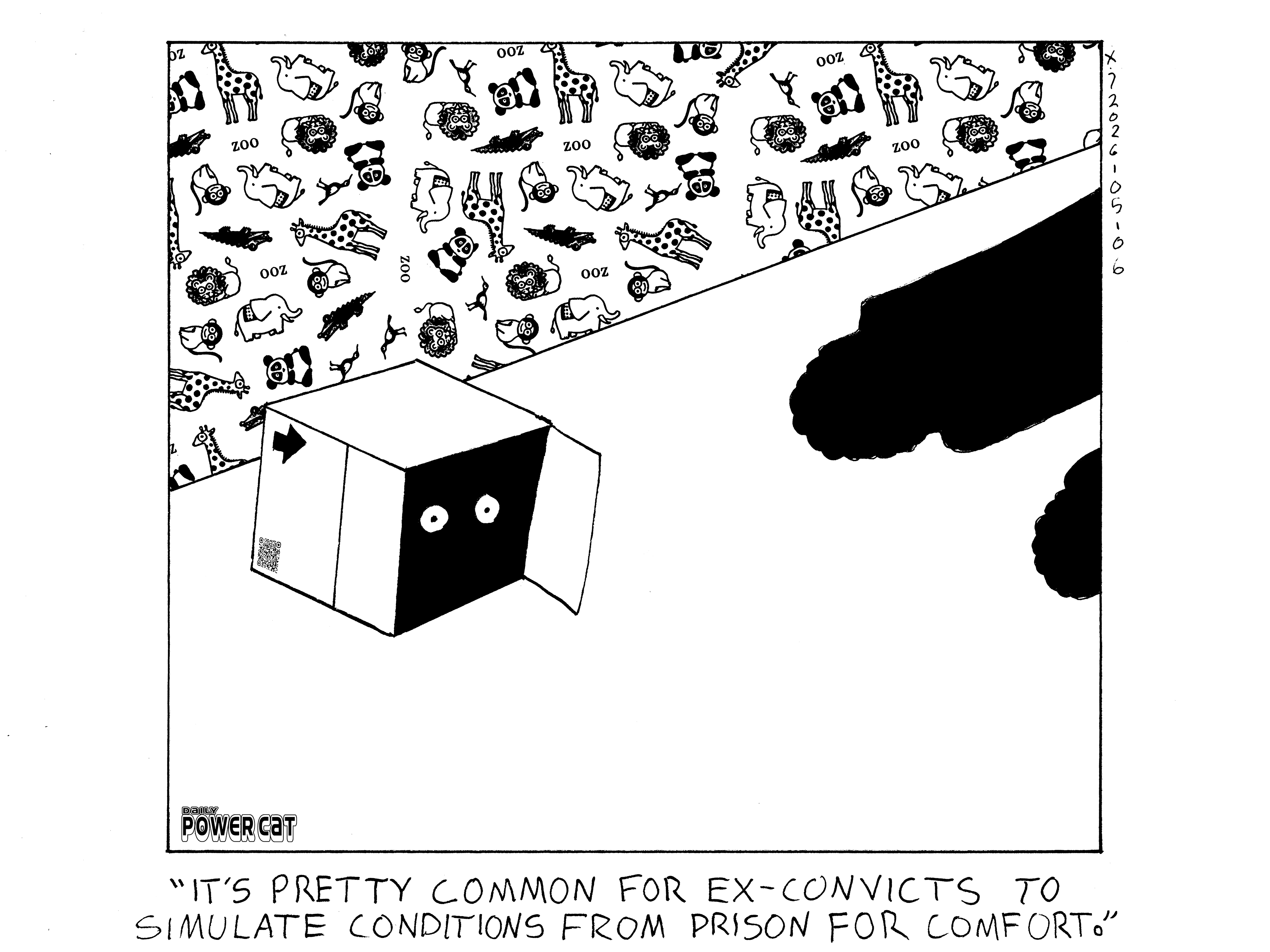Evil Power Cat is in a cardboard box and you can only see his eyes. You can only see their shadows down the hallway, but Rebecca is saying to Rachel that it's pretty common for ex-convicts to simulate conditions from prison for comfort.  