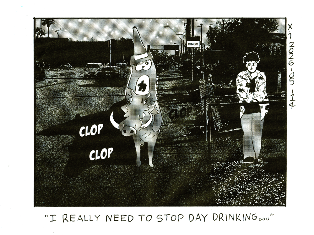 Evil Power Cat is slowly trotting along down the sidewalk in the city on a warthog and is wearing a traffic cone on his head. There's a guy leaning on the railing of a nearby walkway and he says I really need to stop day drinking...   