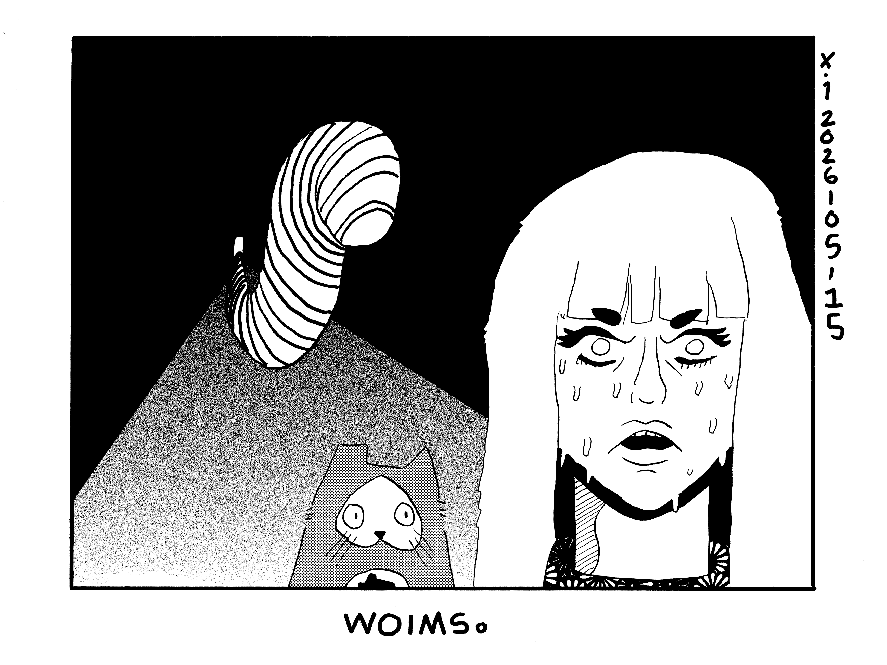 Rebecca and Evil Power Cat are walking down a long hallway and there's a giant worm slowly approaching them. Evil Power Cat looks unbothered and Rebecca looks terrified. Caption is narration that just says woims.  