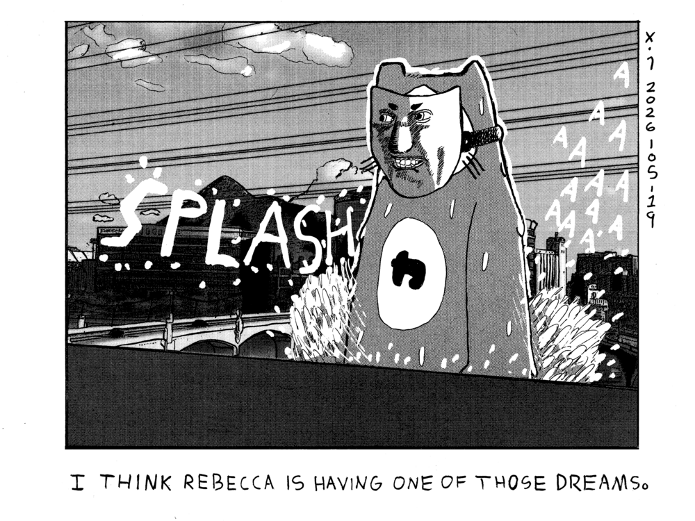 Evil Power Cat is massive and rising from the water between two bridges with a loud splash. People down below are screaming. He's wearing a creepy mask. Narration caption says I think Rebecca is having one of those dreams  