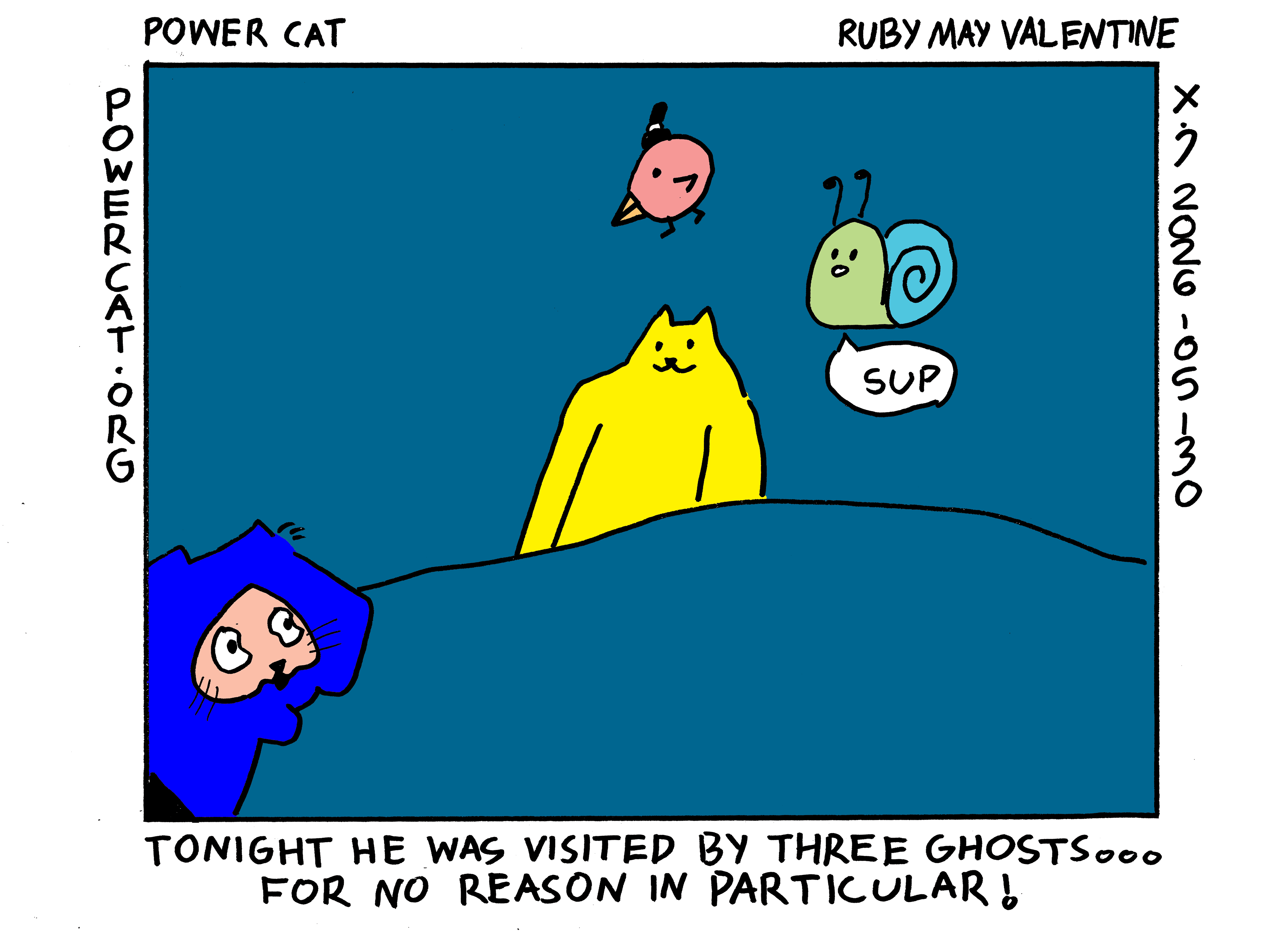 Evil Power Cat is frightened in bed as three apparitions appear before him. Rickrick from rickrick and john, birb from intmtu, and kitty cat from kitty cats. Rickrick says sup to Evil Power Cat. Caption says tonight he was visited by three ghosts... for no reason in particular!  