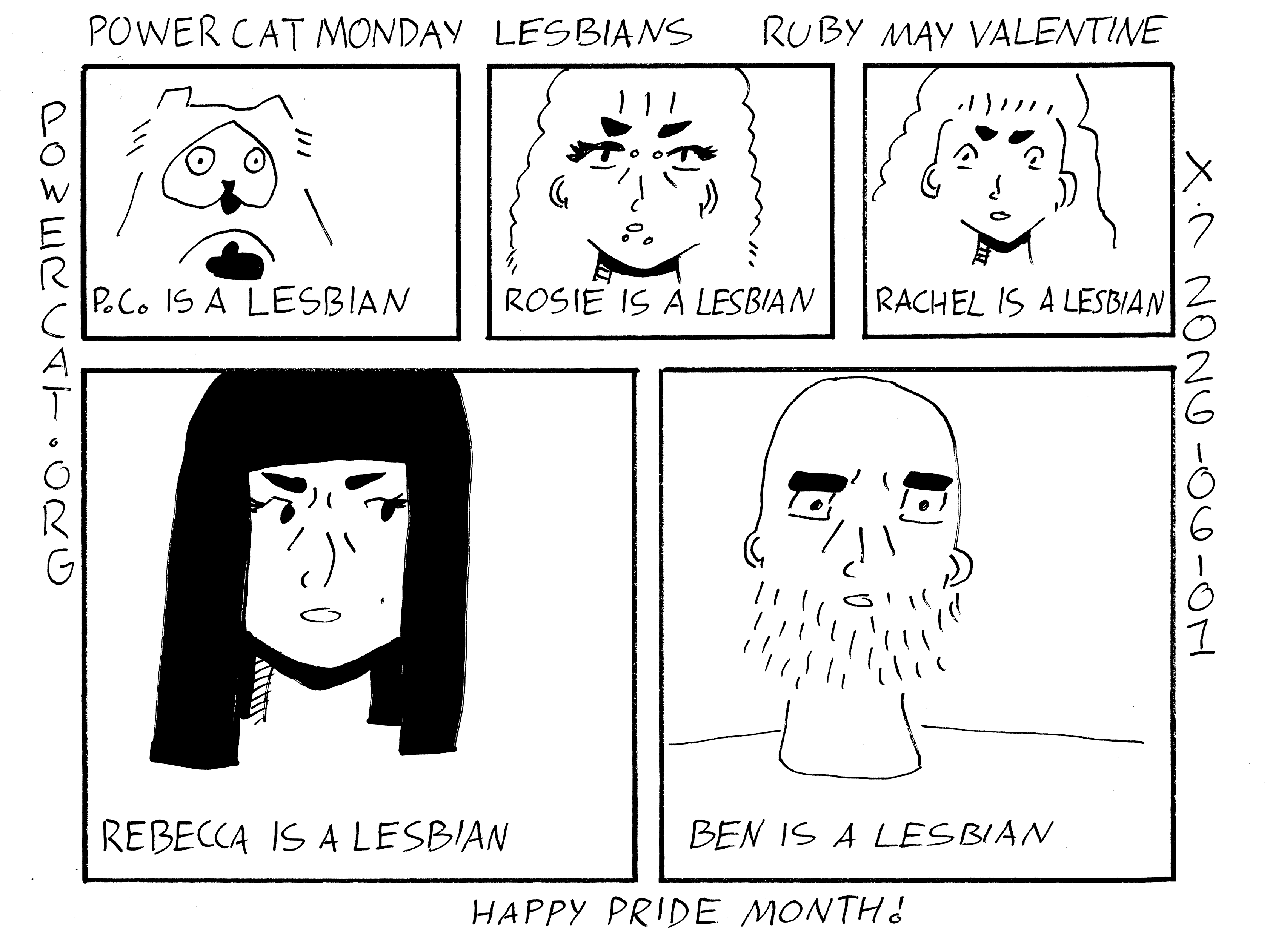 There's portraits of the power cat family showing PC, Rosie, Rachel, Rebecca, and Ben. There's text underneath each portrait declaring that the character is a lesbian. Main caption says happy pride month!   
