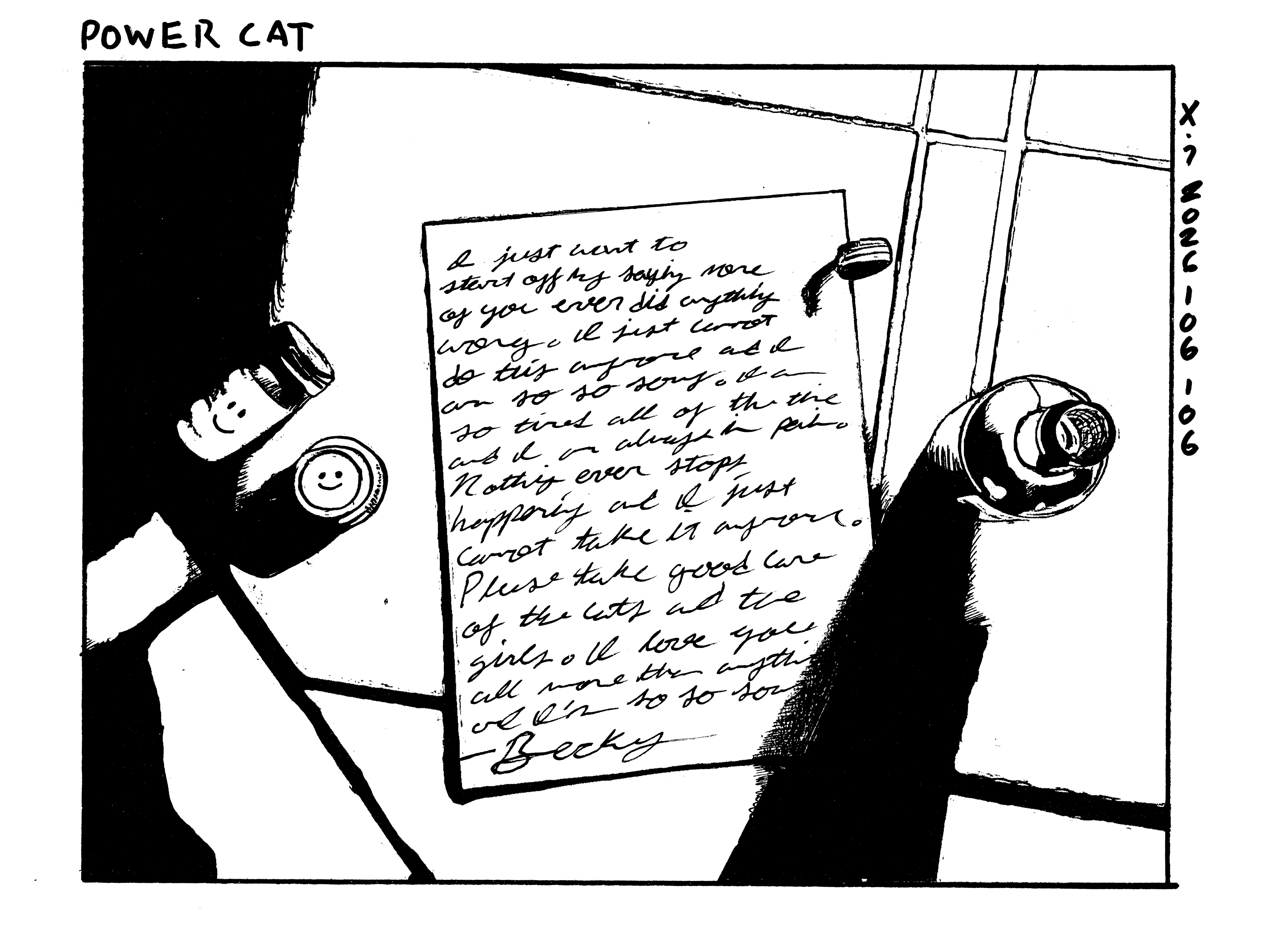 A barely legible suicide note is next to an empty pill bottle and an empty bottle of liquor. The note is signed by Rebecca.  