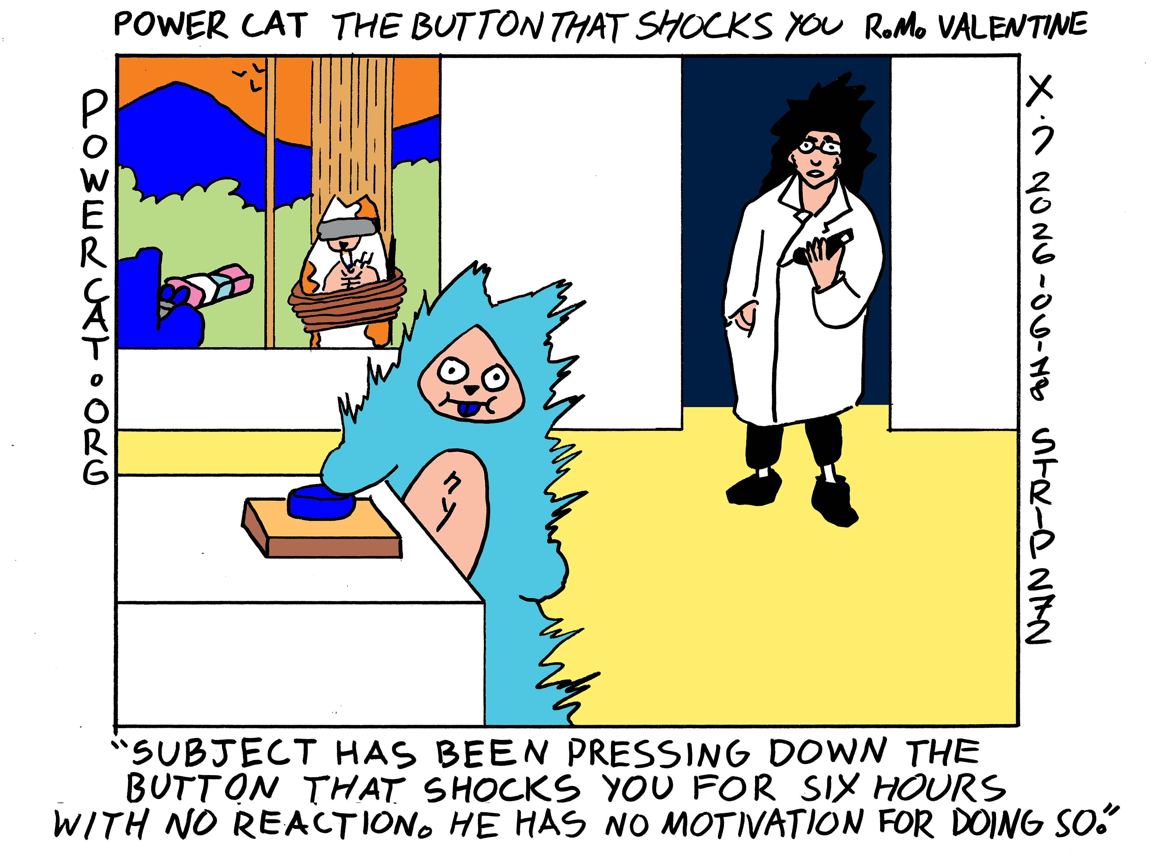 Damn Cat is in a research facility pressing down a button that is shocking him. His dumb expression remains unchanged. A researcher in a lab coat is speaking into an audio recorder and says Subject has been pressing down the button that shocks you for six ours with no reaction. He has no motivation for doing so.  Also for some reason Evil Power Cat is outside pointing a doohickey at handsome cat who is tied to a log  