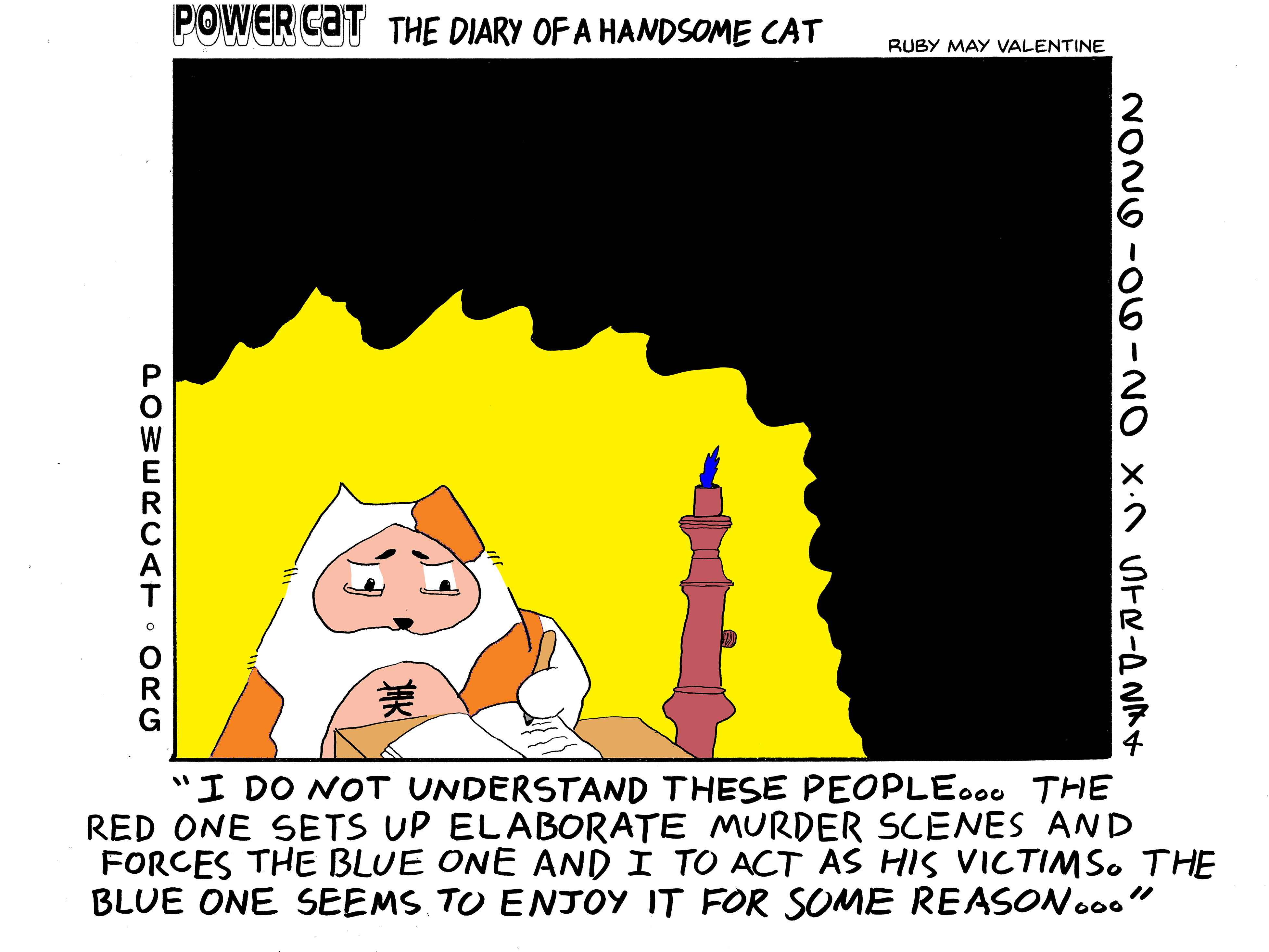 Handsome cat is writing in his journal by candlelight. He says I do not understand these people... the red one sets up elaborate murder scenes and forces the blue one and I to act as his victims. The blue one seems to enjoy it for some reason... 
