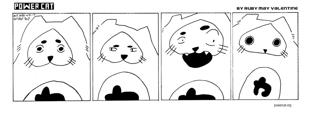 Evil Power Cat is making various weird facial expressions  