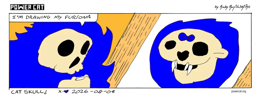 A flaming skull is drawing a cat skull with a red bow on her head and says I'm drawing my fursona. Caption says cat skull! 