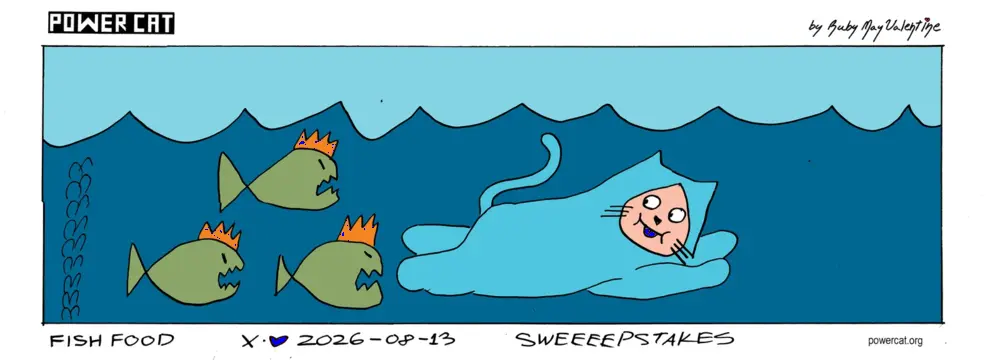 Damn Cat is smiling while swimming away from some angry piranhas caption  says fish food bottom text says sweepstakes 